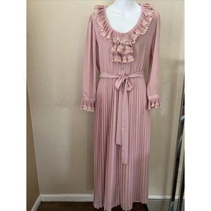 Vintage 80's Prairie Maxi Dress S/M Pink Ruffle VNeck Pleaded Skirt Belted